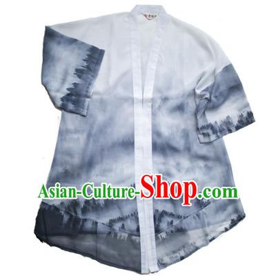 Asian China National Costume Ink Painting Coat, Traditional Chinese Tang Suit Cardigan Clothing for Men