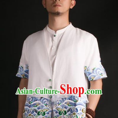 Asian China National Costume Embroidered White Shirt, Traditional Chinese Tang Suit Underwear Clothing for Men
