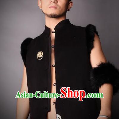 Asian China National Costume Black Vest, Traditional Chinese Tang Suit Plated Buttons Waistcoat Clothing for Men
