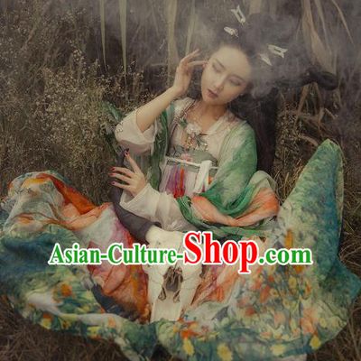 Asian China Tang Dynasty Palace Lady Costume, Traditional Ancient Chinese Imperial Concubine Elegant Hanfu Printing Dress for Women