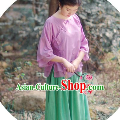 Asian China National Costume Slant Opening Purple Silk Hanfu Qipao Shirts, Traditional Chinese Tang Suit Cheongsam Blouse Clothing for Women