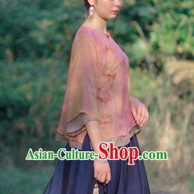 Asian China National Costume Pink Silk Hanfu Qipao Shirts Upper Outer Garment, Traditional Chinese Tang Suit Cheongsam Blouse Clothing for Women
