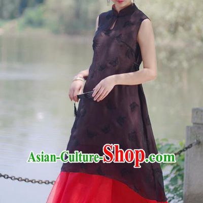 Asian China National Costume Slant Opening Black Silk Hanfu Qipao Dress, Traditional Chinese Tang Suit Cheongsam Clothing for Women