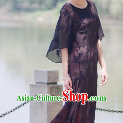 Asian China National Costume Slant Opening Black Silk Hanfu Qipao Dress, Traditional Chinese Tang Suit Plated Buttons Cheongsam Clothing for Women