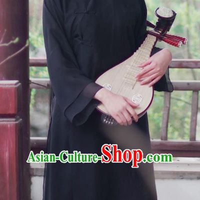 Asian China National Costume Black Silk Hanfu Qipao Dress, Traditional Chinese Tang Suit Cheongsam Clothing for Women