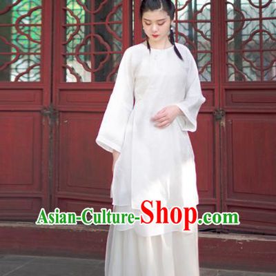 Asian China National Costume White Linen Hanfu Qipao Dress, Traditional Chinese Tang Suit Cheongsam Blouse Clothing for Women