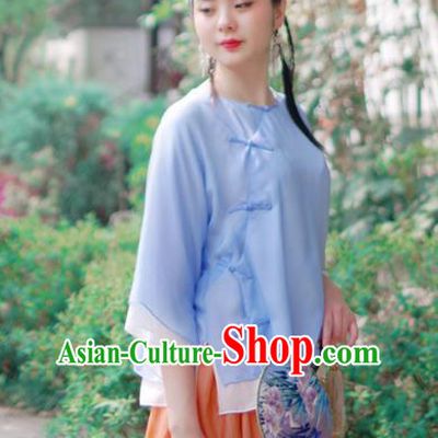 Asian China National Costume Blue Silk Hanfu Qipao Shirts Upper Outer Garment, Traditional Chinese Tang Suit Cheongsam Blouse for Women