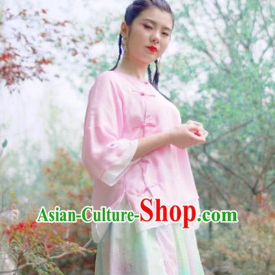 Asian China National Costume Pink Silk Hanfu Qipao Shirts Upper Outer Garment, Traditional Chinese Tang Suit Cheongsam Blouse for Women