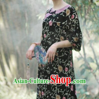 Asian China National Costume Hanfu Black Silk Embroidered Qipao Dress, Traditional Chinese Tang Suit Cheongsam Clothing for Women