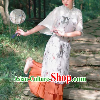 Asian China National Costume Hanfu Plated Buttons Printing Qipao Dress, Traditional Chinese Tang Suit Cheongsam Clothing for Women