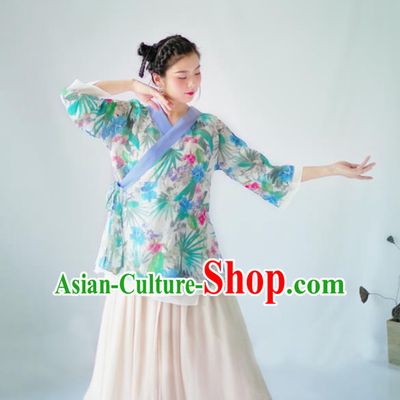 Asian China National Costume Hanfu Slant Opening Printing Green Flowers Silk Qipao Blouse, Traditional Chinese Tang Suit Cheongsam Shirts Clothing for Women