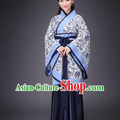 Asian China Ancient Han Dynasty Palace Lady Costume, Traditional Chinese Hanfu Embroidered Blue Curve Bottom Clothing for Women