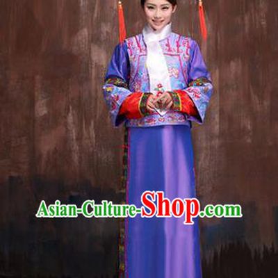 Traditional Ancient Chinese Imperial Consort Costume, Chinese Qing Dynasty Manchu Lady Purple Dress Embroidered Clothing for Women