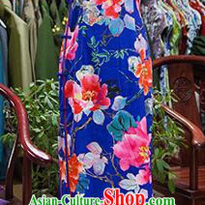 Traditional Ancient Chinese Republic of China Cheongsam, Asian Chinese Chirpaur Printing Flowers Blue Qipao Dress Clothing for Women