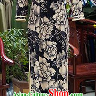 Traditional Ancient Chinese Republic of China Cheongsam, Asian Chinese Chirpaur Printing Flowers Black Qipao Dress Clothing for Women