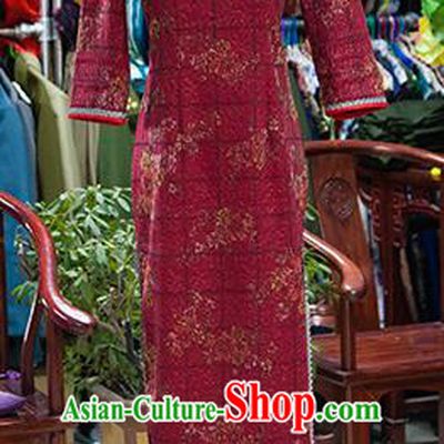 Traditional Ancient Chinese Republic of China Cheongsam, Asian Chinese Chirpaur Printing Dark Red Qipao Dress Clothing for Women