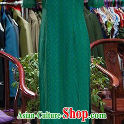 Traditional Ancient Chinese Republic of China Green Silk Cheongsam, Asian Chinese Chirpaur Printing Qipao Dress Clothing for Women