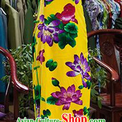 Traditional Ancient Chinese Republic of China Yellow Cheongsam, Asian Chinese Chirpaur Printing Lotus Silk Qipao Dress Clothing for Women