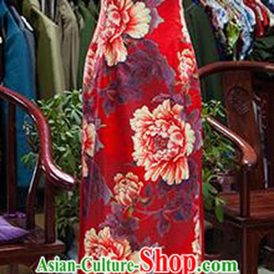 Traditional Ancient Chinese Republic of China Red Cheongsam, Asian Chinese Chirpaur Printing Peony Qipao Dress Clothing for Women