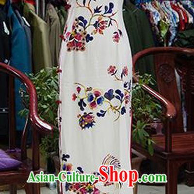 Traditional Ancient Chinese Republic of China White Cheongsam, Asian Chinese Chirpaur Printing Flower Qipao Dress Clothing for Women
