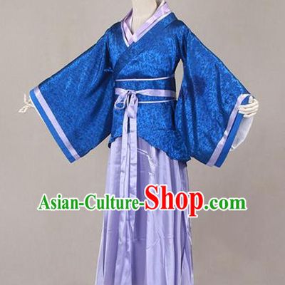 Asian China Ancient Han Dynasty Palace Lady Costume, Traditional Chinese Hanfu Embroidered Blue Curve Bottom Clothing for Women