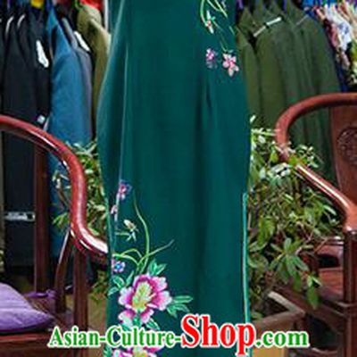 Traditional Ancient Chinese Republic of China Green Silk Cheongsam, Asian Chinese Chirpaur Printing Peony Qipao Dress Clothing for Women