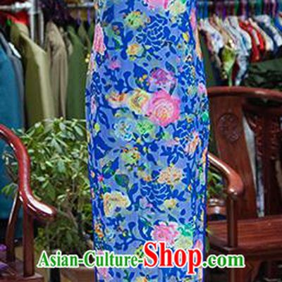 Traditional Ancient Chinese Republic of China Blue Silk Cheongsam, Asian Chinese Chirpaur Printing Peony Qipao Dress Clothing for Women