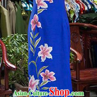 Traditional Ancient Chinese Republic of China Printing Flowers Blue Cheongsam, Asian Chinese Chirpaur Qipao Dress Clothing for Women