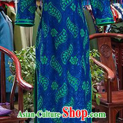 Traditional Ancient Chinese Republic of China Printing Deep Blue Cheongsam, Asian Chinese Chirpaur Qipao Dress Clothing for Women