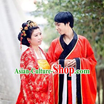 Traditional Chinese Ancient Wedding Costume Complete Set, Asian China Tang Dynasty Bride and Bridegroom Red Clothing for Women for Men