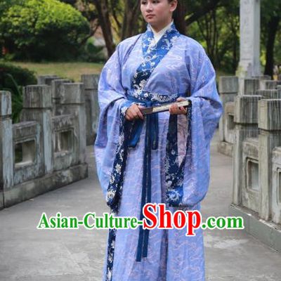 Traditional Ancient Chinese Scholar Hanfu Costume, Asian China Han Dynasty Swordsman Blue Robe Clothing for Men
