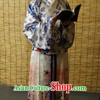 Traditional Chinese Ancient Young Lady Printing Blue Costume, Asian China Ming Dynasty Imperial Concubine Hanfu Clothing for Women