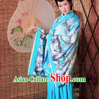 Traditional Chinese Ancient Young Lady Costume Printing Blue Curve Bottom, Asian China Han Dynasty Imperial Concubine Hanfu Clothing for Women