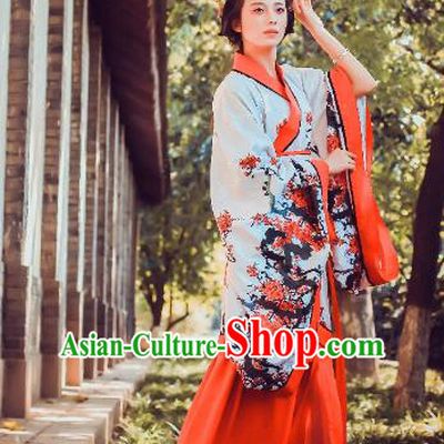 Traditional Chinese Ancient Palace Lady Printing Wintersweet Costume Curve Bottom, Asian China Han Dynasty Imperial Concubine Hanfu Dress Clothing for Women
