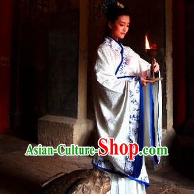Traditional Chinese Ancient Palace Lady Costume Blue and White Porcelain Curve Bottom, Asian China Han Dynasty Imperial Concubine Hanfu Dress Clothing for Women