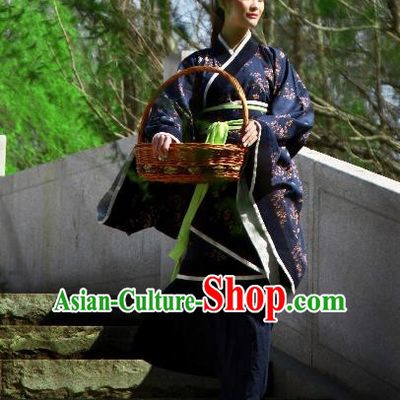 Traditional Chinese Ancient Costume Palace Lady Navy Printing Curve Bottom, Asian China Han Dynasty Imperial Princess Hanfu Dress Clothing for Women