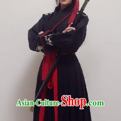 Traditional Ancient Chinese Swordsman Hanfu Costume Embroidered Black Robe, Asian China Tang Dynasty Imperial Guards Clothing for Women