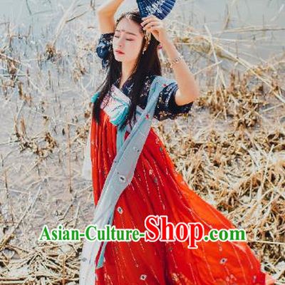 Traditional Chinese Ancient Costume Palace Lady Red Slip Skirt, Asian China Tang Dynasty Imperial Princess Hanfu Dress Clothing for Women