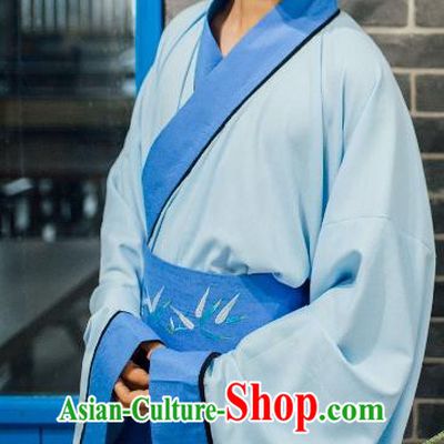 Traditional Chinese Ancient Costume Blue Embroidered Bamboo Cloak, Asian China Han Dynasty Cardigan Clothing for Men
