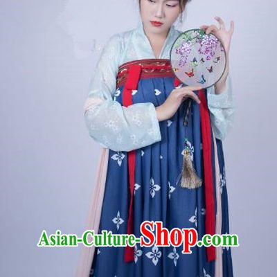 Traditional Chinese Ancient Costume Palace Lady Embroidered Blue Slip Skirt, Asian China Tang Dynasty Imperial Princess Hanfu Clothing for Women