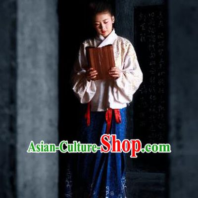 Traditional Chinese Ancient Palace Lady Costume Blouse and Blue Skirt , Asian China Ming Dynasty Imperial Concubine Hanfu Dress Clothing for Women