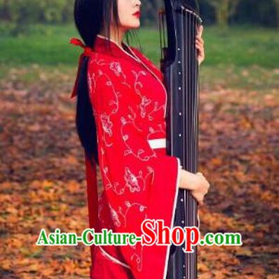 Traditional Chinese Ancient Palace Lady Costume Red Embroidered Curve Bottom, Asian China Han Dynasty Imperial Concubine Hanfu Dress Clothing for Women