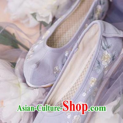 Traditional Ancient Chinese Palace Lady Hanfu Embroidered Purple Shoes Bow Shoes, Asian China Princess Blood Stained Shoes for Women