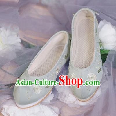 Traditional Ancient Chinese Palace Lady Hanfu Embroidered Green Shoes Bow Shoes, Asian China Princess Blood Stained Shoes for Women