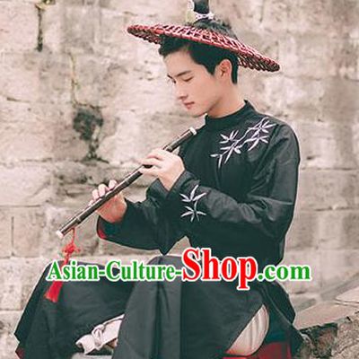 Traditional Ancient Chinese Swordsman Hanfu Costume Embroidered Black Long Robe, Asian China Tang Dynasty Clothing for Men