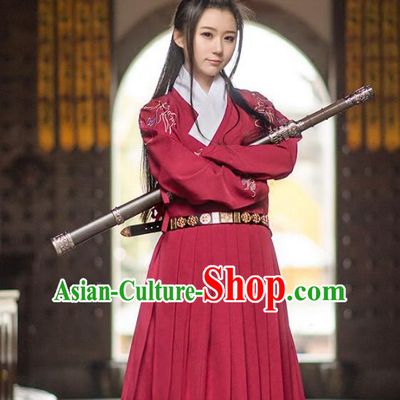 Traditional Ancient Chinese Swordsman Hanfu Costume Embroidered Red Robe, Asian China Ming Dynasty Imperial Guards Clothing for Women