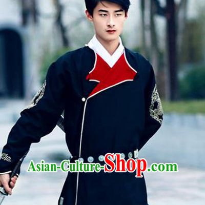 Traditional Ancient Chinese Swordsman Hanfu Costume Black Embroidered Robe, Asian China Tang Dynasty Imperial Bodyguard Clothing for Men