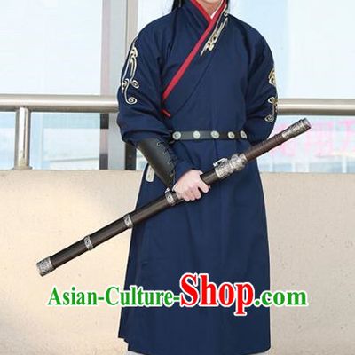 Traditional Ancient Chinese Swordsman Hanfu Costume Navy Embroidered Robe, Asian China Tang Dynasty Imperial Bodyguard Clothing for Men
