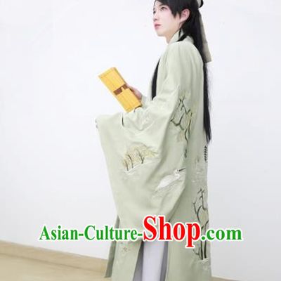 Traditional Chinese Han Dynasty Scholar Hanfu Costume, Asian China Ancient Embroidered Green Cloak Clothing for Men