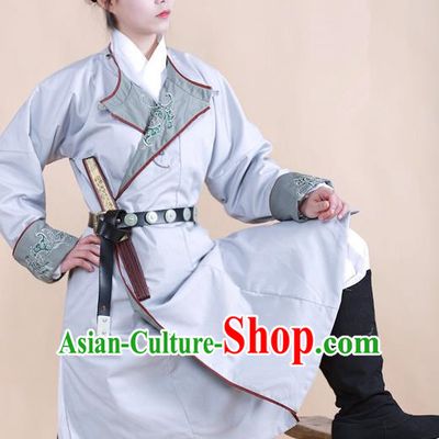 Traditional Ancient Chinese Swordsman Hanfu Costume Grey Embroidered Robe, Asian China Ming Dynasty Imperial Bodyguard Clothing for Women